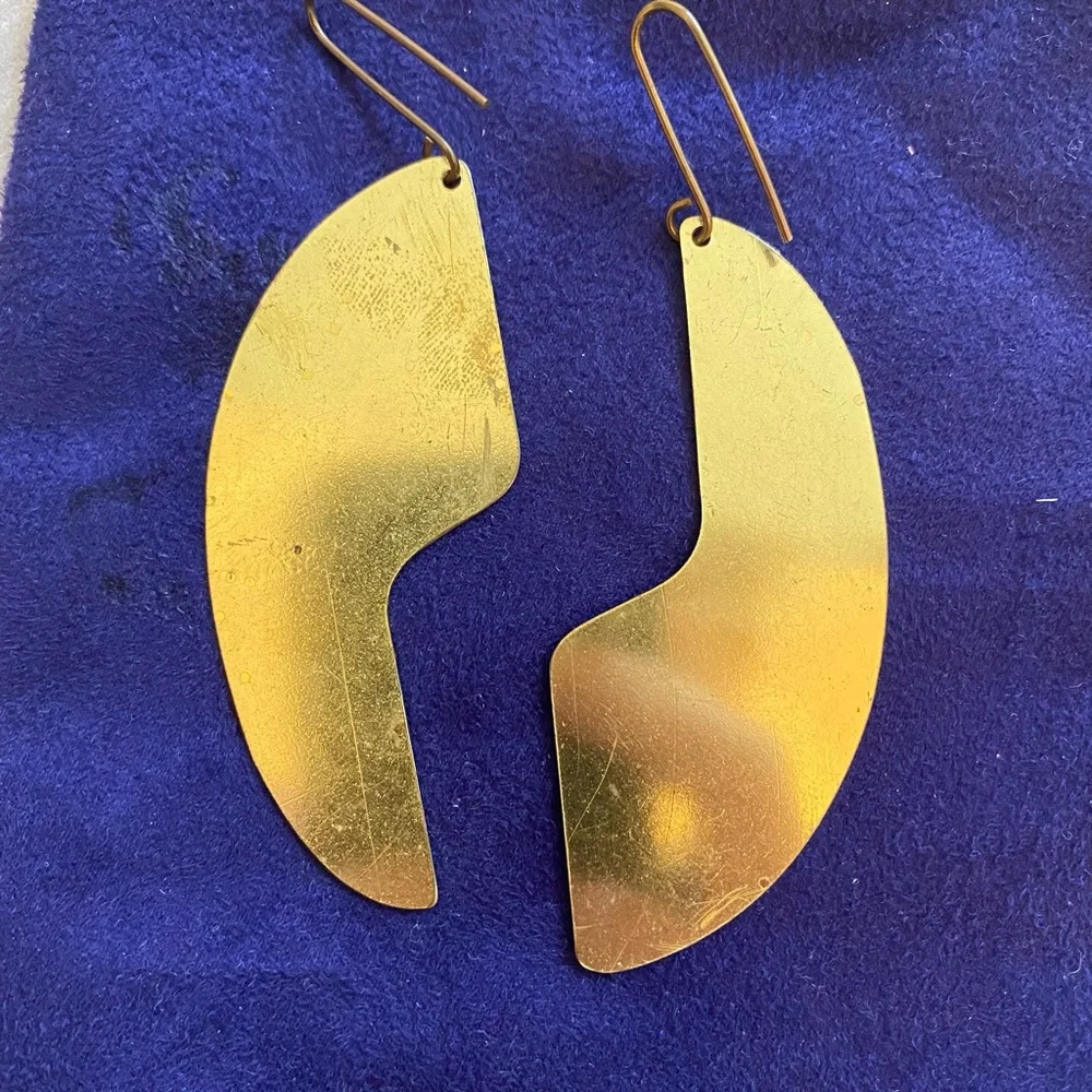 Large Gold Tone Abstract Puzzle Piece-like Earrings with Sparkles Pierced Ears
